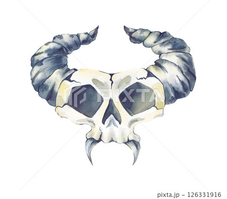 A hand-drawn skull with horns of a fantasy animal on a white background. Watercolor illustration of a skull with sharp fangs of an unknown creature. Isolated. A Halloween clipart. The horror. 126331916
