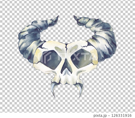 A hand-drawn skull with horns of a fantasy animal on a white background. Watercolor illustration of a skull with sharp fangs of an unknown creature. Isolated. A Halloween clipart. The horror. 126331916