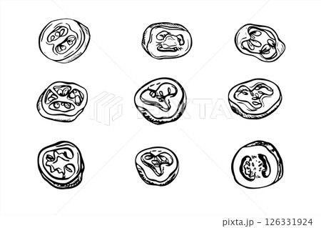 Round hot pepper slices with seeds set monochrome vector illustrations. Jalapeno, cayenne, chili clip art for packaging, labels, spicy food branding, cookbooks, and culinary designs. 126331924