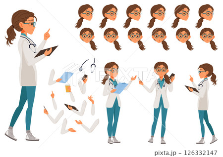 Nurse character constructor for animation with parts set. Customized people collection with woman doctor poses, facial expressions heads, arms with tablet, coffee, phone, more. Vector illustration. 126332147