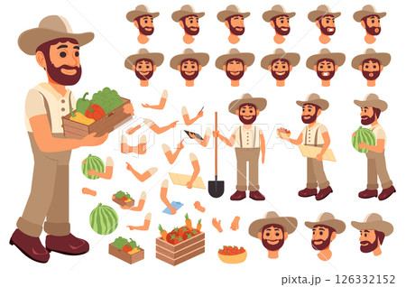 Farmer character constructor for animation with parts set. Customized people collection with man poses, facial expressions heads in hats, arms holding harvest, vegetables, more. Vector illustration. 126332152