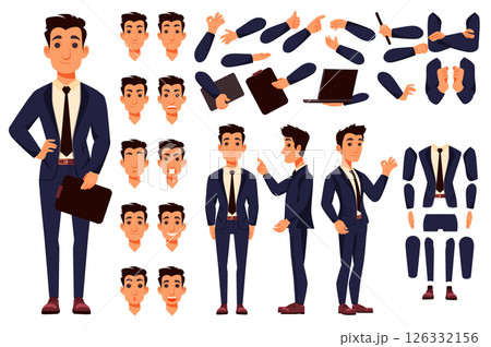 Businessman character constructor for animation with parts set. Customized people collection with office manager poses, facial expressions heads, arms with laptop, folders, more. Vector illustration. Businessman character constructor for animation with parts set. Customized people collection with office manager poses, facial expressions heads, arms with laptop, folders, more. Vector illustration. 126332156
