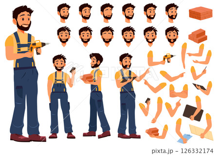Builder character constructor for animation with parts set. Customized people collection with handyman poses, facial expressions heads, arms with tools, bricks, blueprint, more. Vector illustration. 126332174