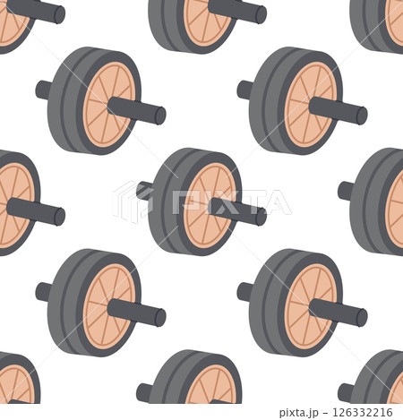 Seamless pattern with grey and beige manual roller wheel on white background. Abs training. Home and gym sport equipment for abdominal muscles. Ab gymnastic roller. Vector flat illustration Seamless pattern with grey and beige manual roller wheel on white background. Abs training. Home and gym sport equipment for abdominal muscles. Ab gymnastic roller. Vector flat illustration 126332216
