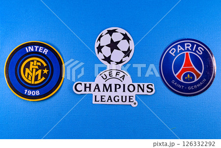 Emblems of football clubs participating in the final match of the UEFA Champions League Inter Milan and Paris Saint-Germain FC Emblems of football clubs participating in the final match of the UEFA Champions League Inter Milan and Paris Saint-Germain FC 126332292