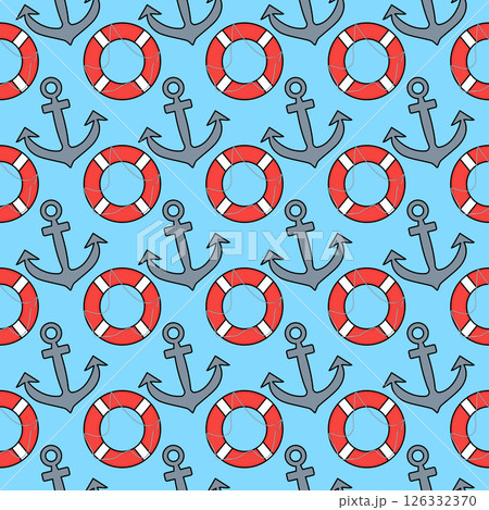 Cute vibrant summer seamless nautical pattern with cartoon life buoys, and anchors on a light blue background. For summertime, coastal, beach, resort, water and vacation designs of items and clothing. 126332370
