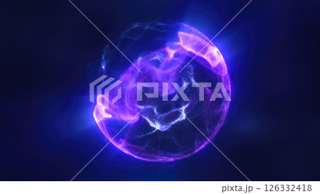 Purple glowing energy sphere with flowing particles and radiant light trails in dark abstract space futuristic background Purple glowing energy sphere with flowing particles and radiant light trails in dark abstract space futuristic background 126332418