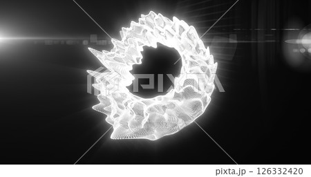 Abstract visualization of a luminous white vortex against a black background, emitting radiant energy in a digital art style 126332420