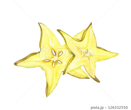 Watercolor two overlapping starfruit slices illustration isolated background. Carambola for tropical designs, healthy food packaging, juice labels, and culinary designs, beverage decor 126332550