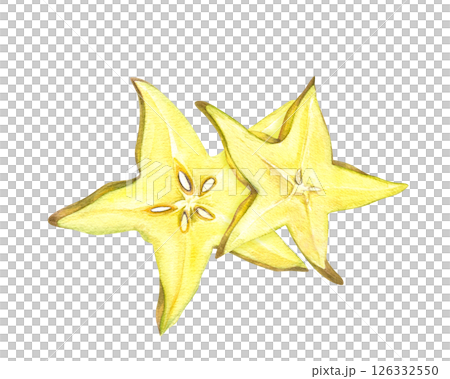 Watercolor two overlapping starfruit slices illustration isolated background. Carambola for tropical designs, healthy food packaging, juice labels, and culinary designs, beverage decor Watercolor two overlapping starfruit slices illustration isolated background. Carambola for tropical designs, healthy food packaging, juice labels, and culinary designs, beverage decor 126332550