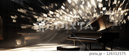 Musician composes emotive pieces on grand piano surrounded by an inspiring dimly lit atmosphere filled with flowing sheet music 126332575