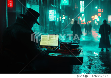 Noir-style detective works diligently under rain in dimly lit street, focused on laptop and typewriter 126332577