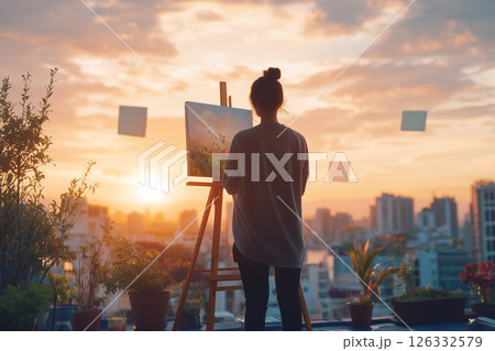 Painter streams art tutorial from rooftop at sunset overlooking city skyline with vibrant colors and inspiring backdrop 126332579