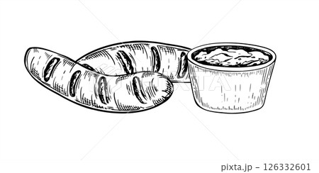 Two grilled sausages with sauce bowl monochrome vector illustration painted by black inks. Bratwurst or chorizo griller for BBQ branding, food packaging, summer menus and outdoor event design Two grilled sausages with sauce bowl monochrome vector illustration painted by black inks. Bratwurst or chorizo griller for BBQ branding, food packaging, summer menus and outdoor event design 126332601