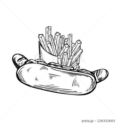 Classic hotdog with sausage and a paper bag of French fries monochrome vector illustration in black and white. For fast food branding, street food markets, takeaway packaging and quick service menus. 126332603