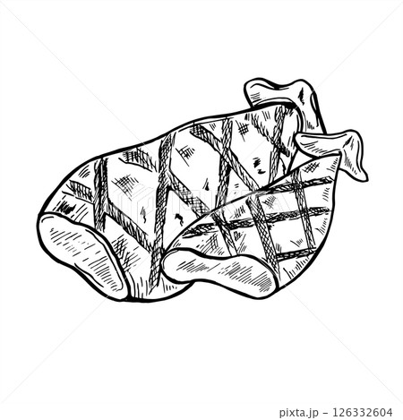 Monochrome vector two grilled squid carcasses illustration painted by black inks. Crispy calamari tubes BBQ seafood etching drawing. for restaurant menu, Mediterranean cuisine packaging. Monochrome vector two grilled squid carcasses illustration painted by black inks. Crispy calamari tubes BBQ seafood etching drawing. for restaurant menu, Mediterranean cuisine packaging. 126332604