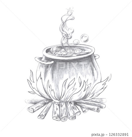 Large vat of boiling liquid on a fire. Isolated pencil illustration of a cauldron for book design, postcards, Halloween invitations, poster printing. Large vat of boiling liquid on a fire. Isolated pencil illustration of a cauldron for book design, postcards, Halloween invitations, poster printing. 126332891