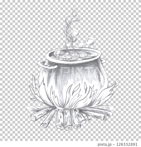 Large vat of boiling liquid on a fire. Isolated pencil illustration of a cauldron for book design, postcards, Halloween invitations, poster printing. Large vat of boiling liquid on a fire. Isolated pencil illustration of a cauldron for book design, postcards, Halloween invitations, poster printing. 126332891