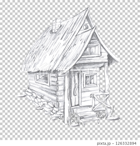 Wooden village house with an attic. Isolated pencil illustration of the building for the design of books, postcards, brochures for the construction business, invitations to Halloween. Wooden village house with an attic. Isolated pencil illustration of the building for the design of books, postcards, brochures for the construction business, invitations to Halloween. 126332894