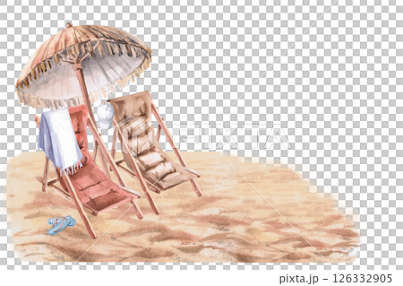Two sun loungers under a sun umbrella standing on the sand. Isolated watercolor illustration on the theme of a beach holiday for the design of restaurants, tourist brochures, printing on fabric. 126332905