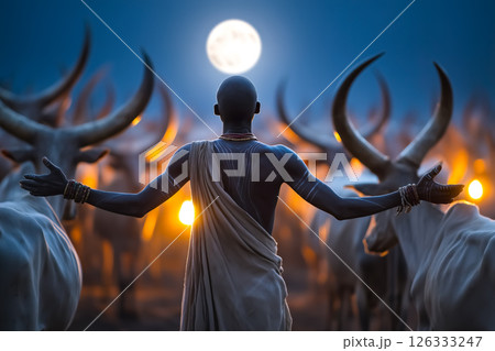 A tribesman stands among a herd of cattle in an open landscape. The concept of indigenous lifestyle, harmony with nature, pastoral culture, and ancestral heritage. Generative AI. 126333247
