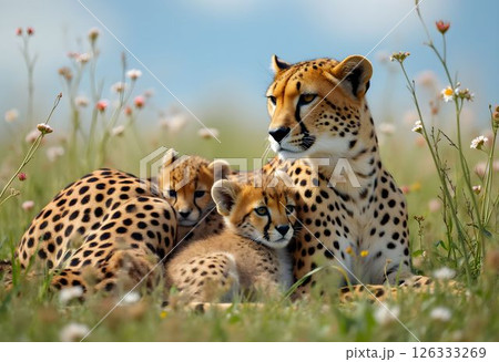 Cheetah Mother and Cubs in Wildflowers 126333269