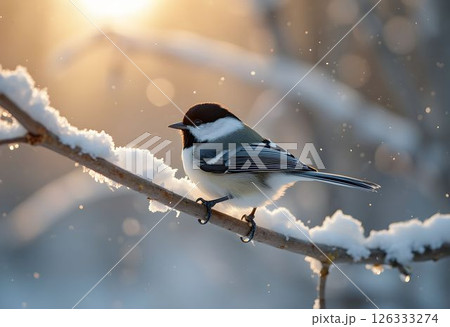 Snow-Covered Branch with Chickadee and Sunlight 126333274