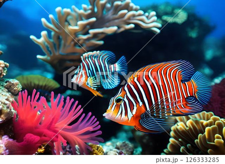 Mandarin Fish and Lionfish in Coral Paradise 126333285