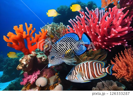Colorful Coral Reef with Mandarin Fish & Lionfish 126333287