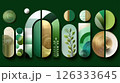 Layered geometric shapes and organic elements in a harmonious composition 126333645