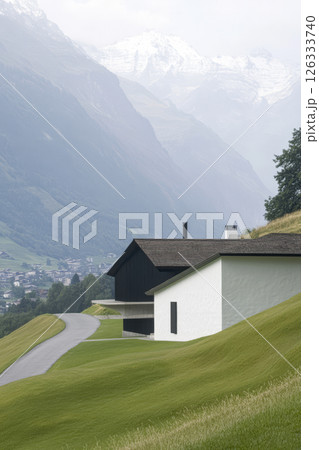 Scenic view of modern architecture in a mountainous landscape with lush greenery 126333740