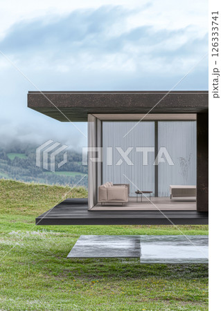 Modern house design set against a serene natural landscape during cloudy weather 126333741