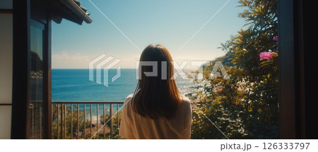 海の背景と美女のポートレート 126333797