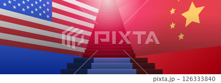 USA China trade conflict concept with flags and a central staircase symbolizing tension between nations. Bold colors and dynamic layout USA China trade conflict concept with flags and a central staircase symbolizing tension between nations. Bold colors and dynamic layout 126333840