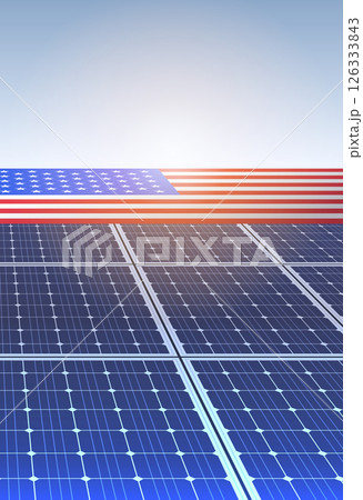 Solar panels and USA flag trade war concept. Solar energy technology with American flag in background. Blue sky and sunlight. Renewable energy theme 126333843