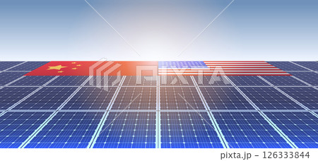 China US trade war solar energy concept flags on solar panels representing competition in renewable energy technology blue sky background China US trade war solar energy concept flags on solar panels representing competition in renewable energy technology blue sky background 126333844