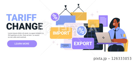 Tariff change import export concept illustration. Person at laptop with shipping containers percentage signs and documents. Business trade theme 126333853