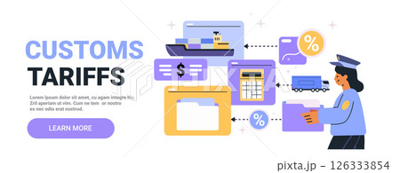 Customs tariffs concept with officer handling documents ship truck calculator icons colorful elements on white background web design banner 126333854
