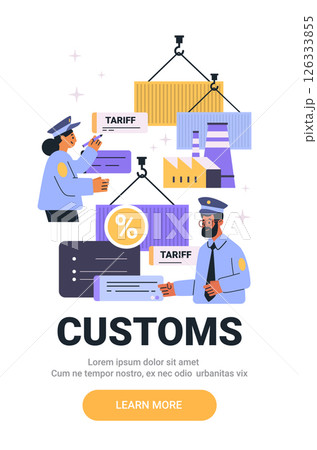 Customs officers inspecting shipping containers trade tariffs. Two officers in uniform check documents and containers with factory background 126333855