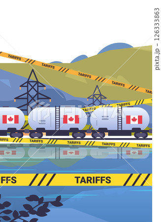 Canadian trade tariffs concept with trains transporting goods through a landscape with power lines and reflective water. Yellow tariff banners Canadian trade tariffs concept with trains transporting goods through a landscape with power lines and reflective water. Yellow tariff banners 126333863
