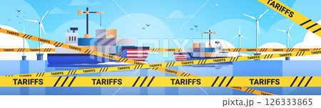 Trade war illustration featuring cargo ships with containers and flags surrounded by tariff tape against a blue sky with wind turbines and birds 126333865