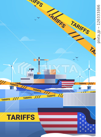 Shipping trade war concept with cargo ship containers and US flag surrounded by yellow tariff tape wind turbines and blue sky 126333866