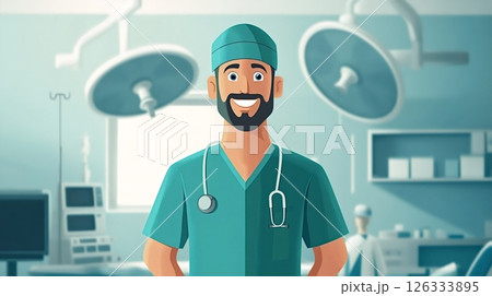 Smiling surgeon standing in operating room illustration 126333895