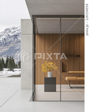 Modern architecture highlights nature with warm wood and serene mountain views 126334058