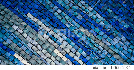 Gradient flow of square tiles in cold color scheme, minimal tech visual texture. Blue mosaic wall with abstract pixel lines and modern clean composition Banner 126334104