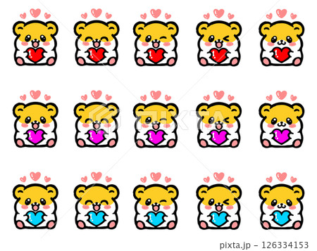 ハートを持ったかわいいゴールデンハムスターのイラスト素材セット ハートを持ったかわいいゴールデンハムスターのイラスト素材セット 126334153