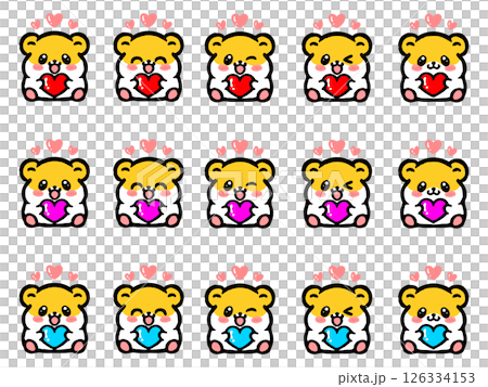 Illustration material set of cute golden hamsters holding hearts 126334153