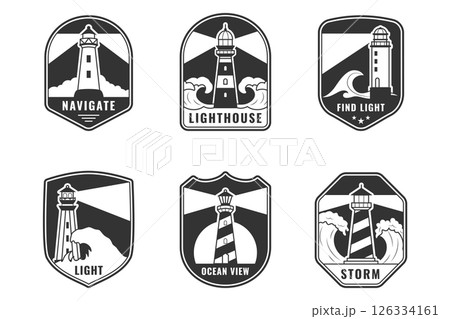 Nautical badge collection featuring lighthouses and waves Nautical badge collection featuring lighthouses and waves 126334161