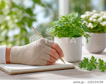 Female wearing compression glove writing in notebook on bright day with indoor plants. Female wearing compression glove writing in notebook on bright day with indoor plants. 126334194
