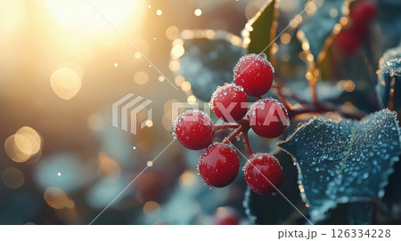 Frosted Red Berries and Holly Leaves at Christmas Sunrise 126334228